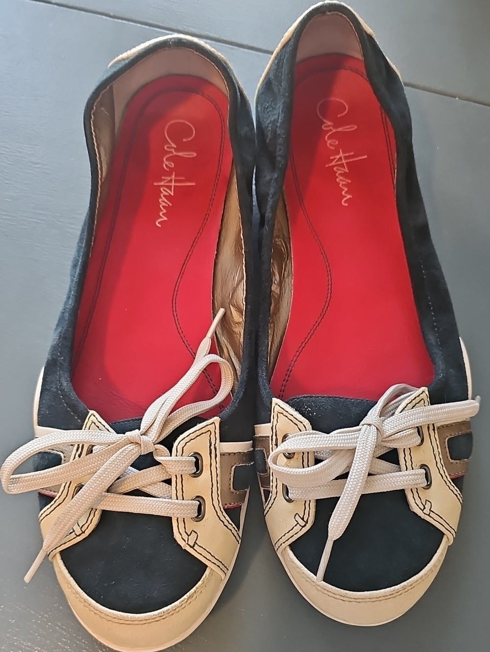 Cole Haan Navy Suede Lace-Trim Flats with Red Insole‎ Size 8